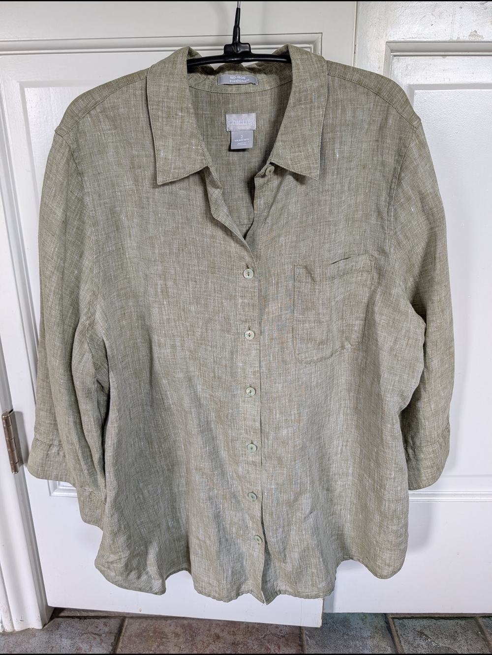 Chico's No-Iron Fresh Chic Light Olive Green Button-Up Linen Shirt SZ 12/14